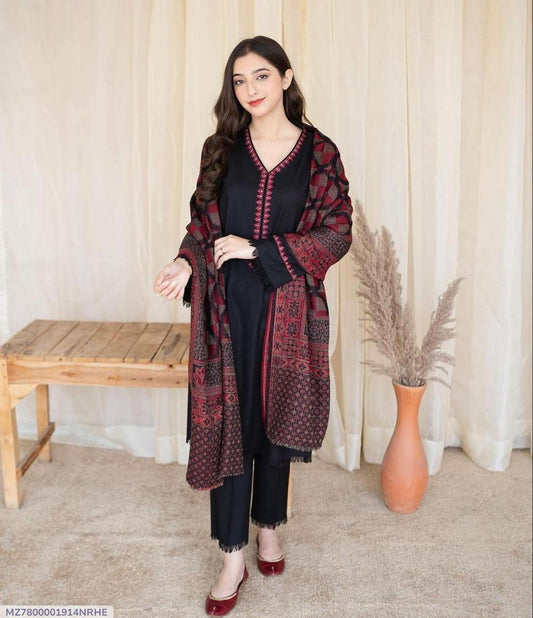 Luxury Embroidered Dhanak Unstitched Suit for Women – Black Color