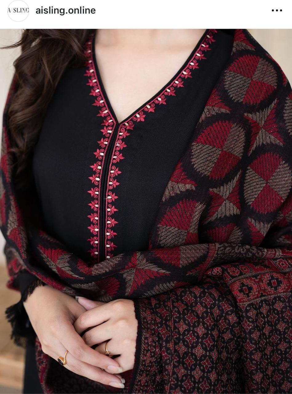 Luxury Embroidered Dhanak Unstitched Suit for Women – Black Color