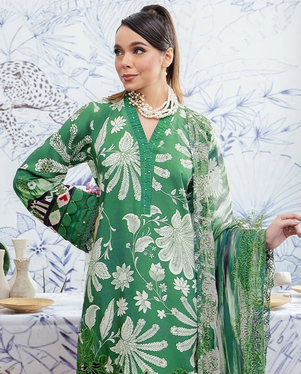 Premium Green Printed Dhanak Unstitched Dress | Winter Collection