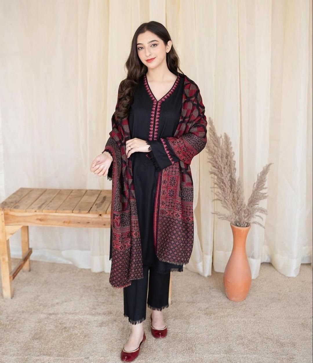 Luxury Embroidered Dhanak Unstitched Suit for Women – Black Color