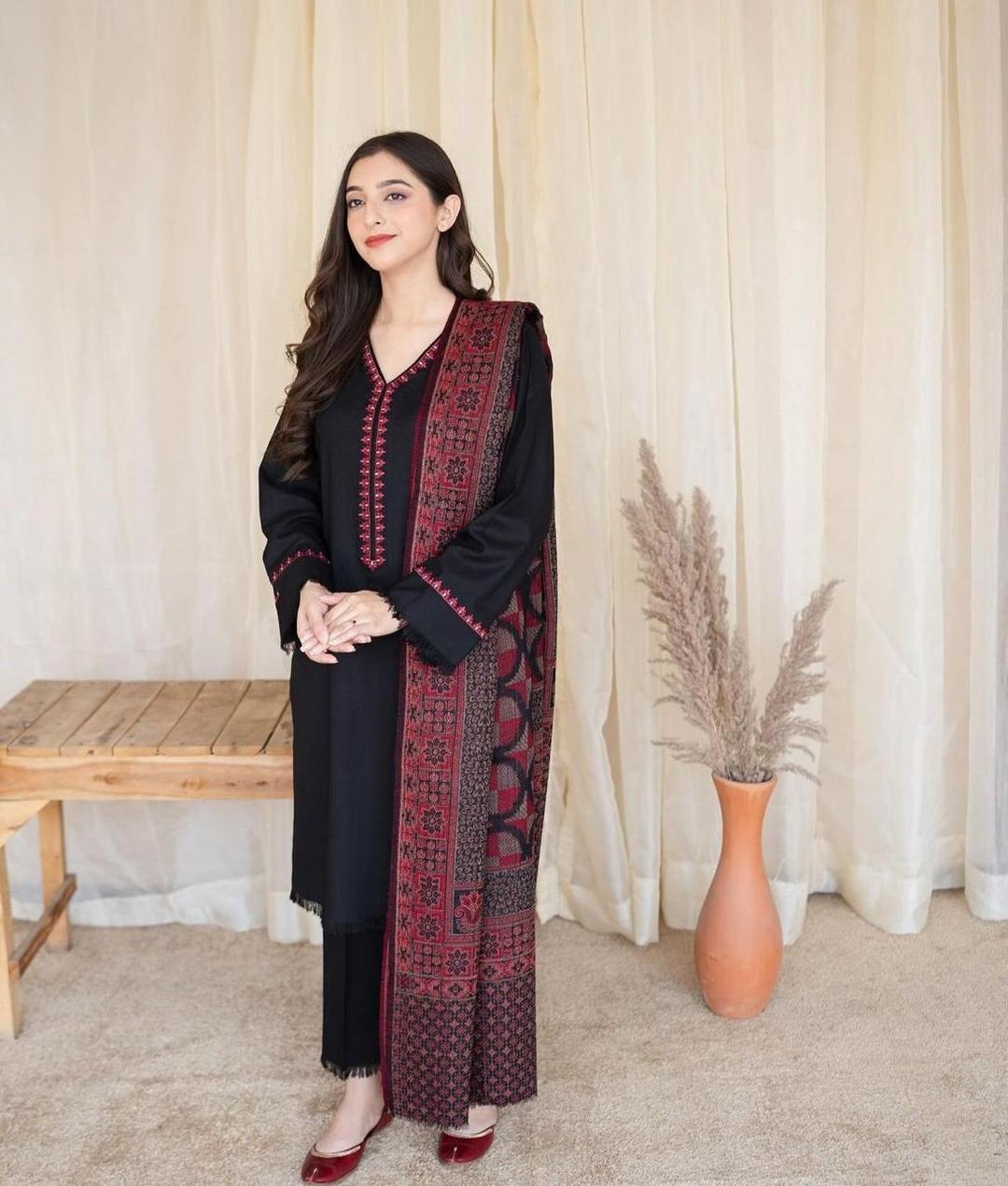 Luxury Embroidered Dhanak Unstitched Suit for Women – Black Color